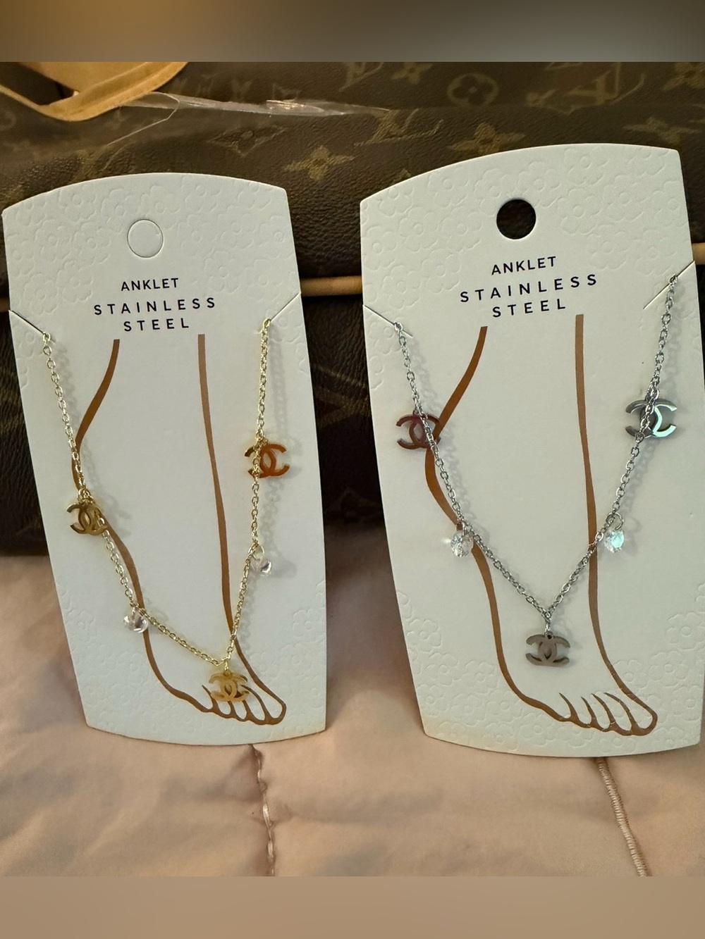 Gold and Silver Stainless Steel Anklet Set  with Charm, both included